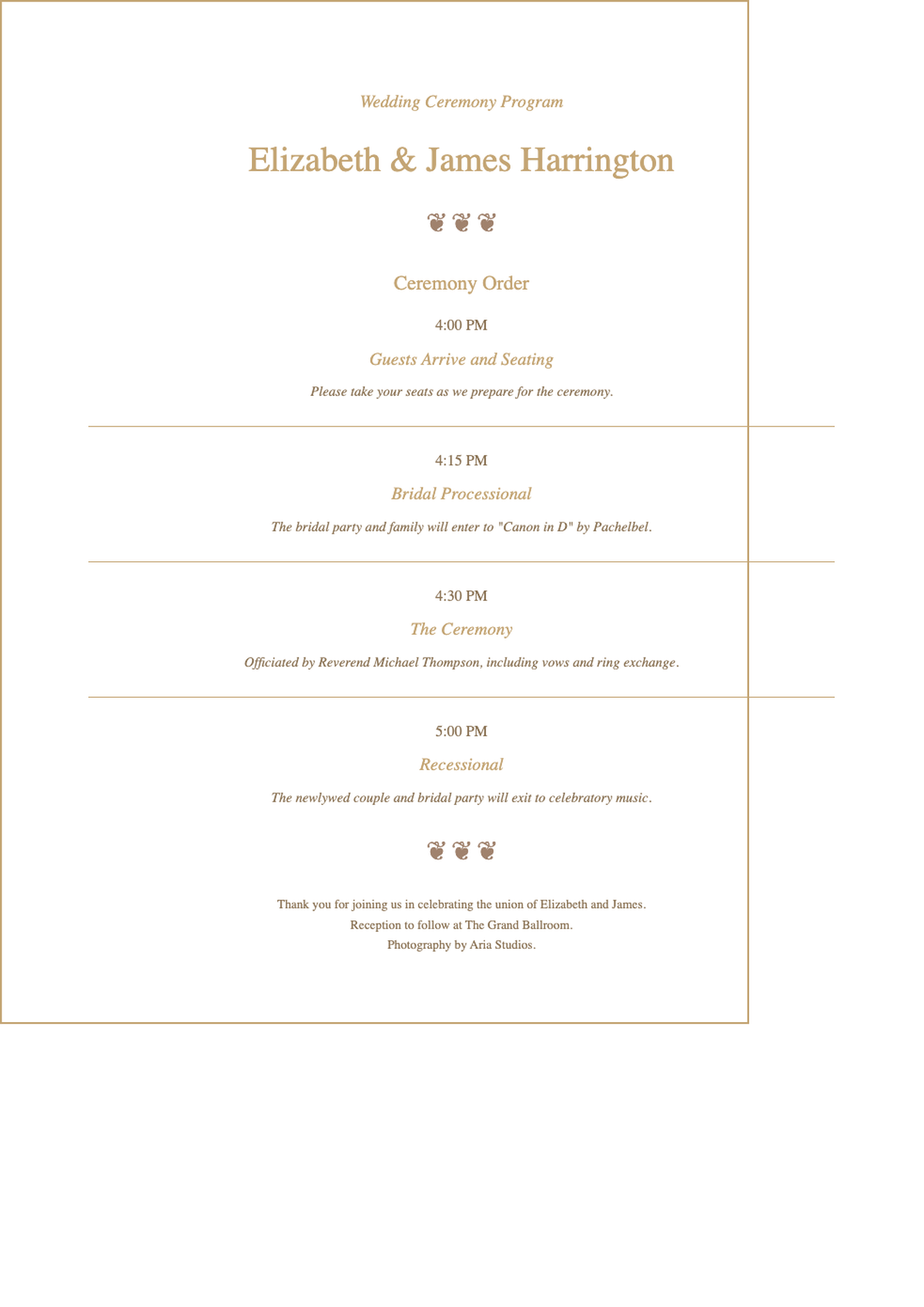 Elegant wedding celebration program with gold floral borders and formal schedule_variant_2